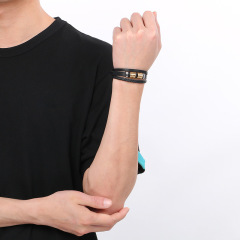 High Quality Cool Men 316L Fine Stainless Steel Braided Black Leather Bangles Bracelets