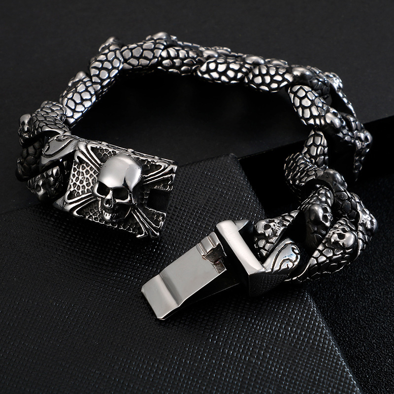 High Quality Cool Men Fine 316L Stainless Steel Link Retro Skulls Thick Chain Bracelets For Men
