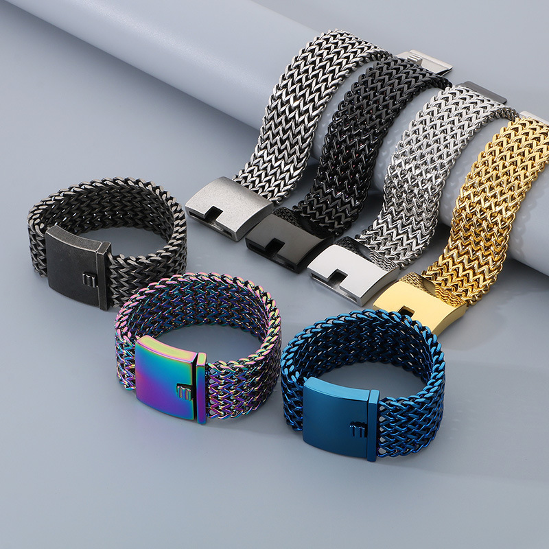 Fashion Punk Style Men Fine 316L Stainless Steel Link Wide Mesh Chain Bracelets