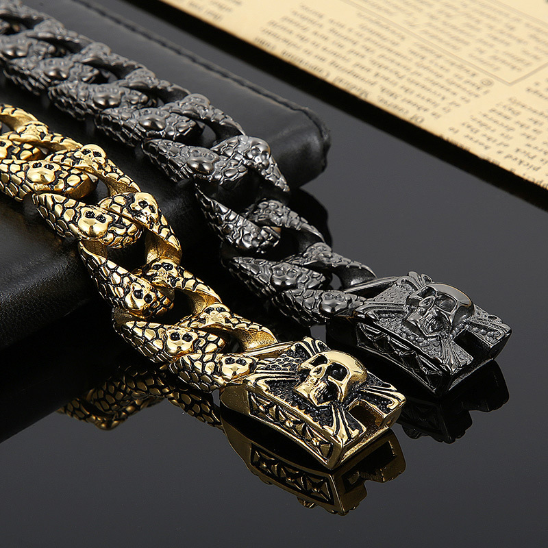 High Quality Cool Men Fine 316L Stainless Steel Link Retro Skulls Thick Chain Bracelets For Men