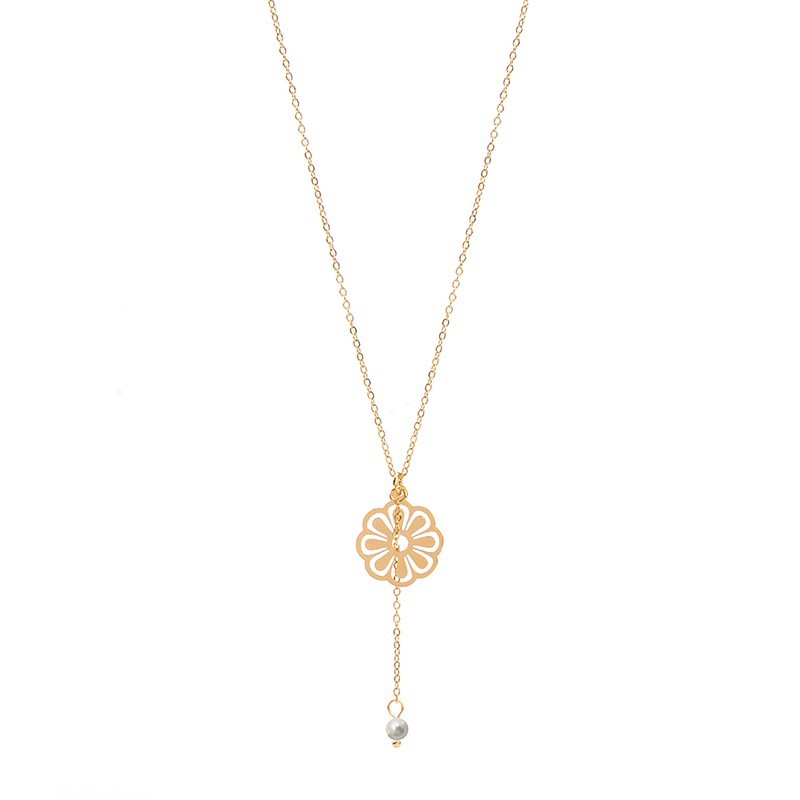 Flower charm with single pearl drop lariat necklace