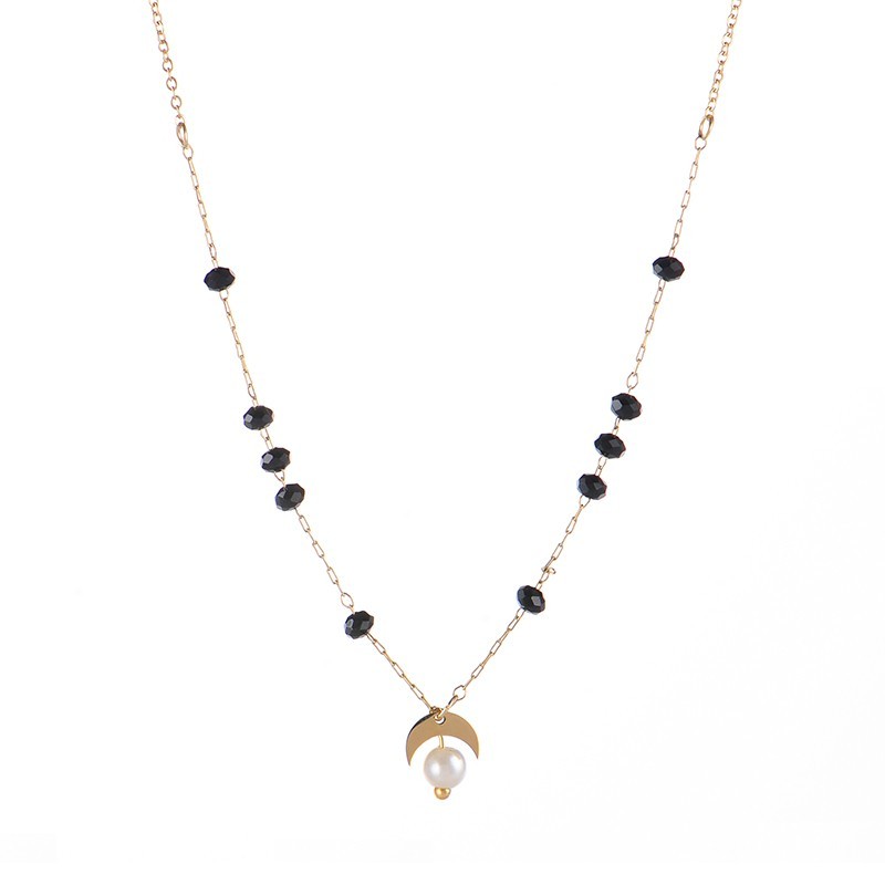 Black glass bead station chain with pearl and moon necklace