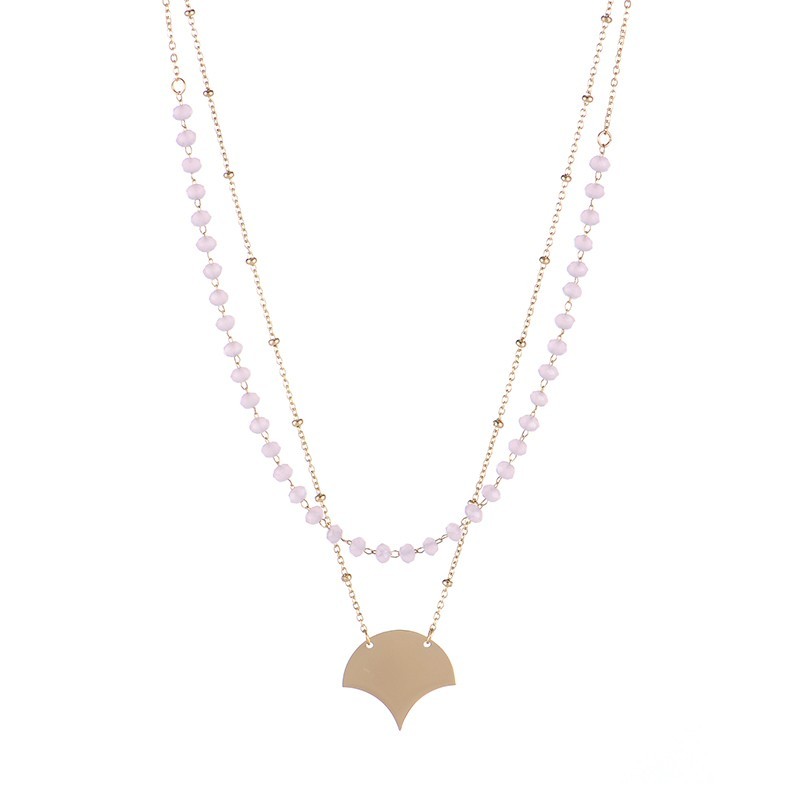 Artdeco style fan shape pendant with pink beaded chain layered necklace