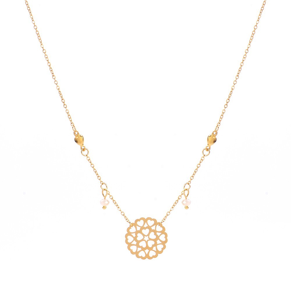 Multi heart disc pendant necklace with light pink bead drop