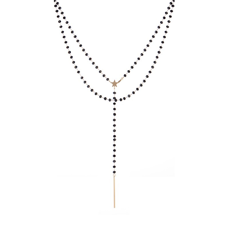 Black glass beaded chain with heart and bar charm long lariat and layered necklace