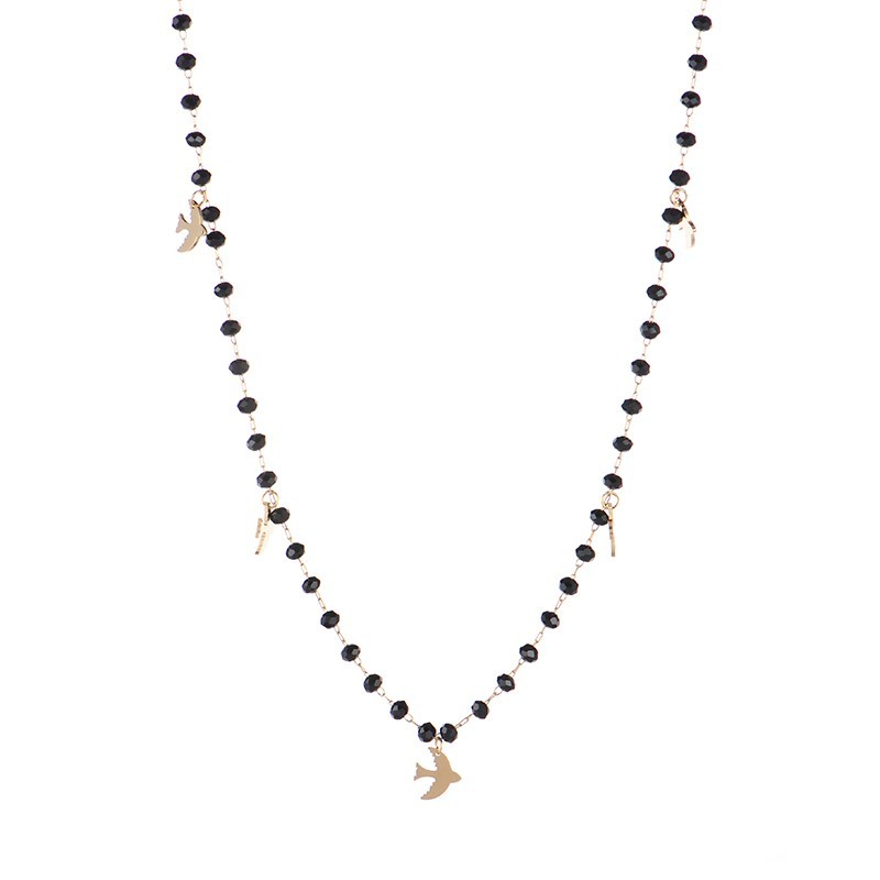 Black glass beaded chain with multi bird charm necklace
