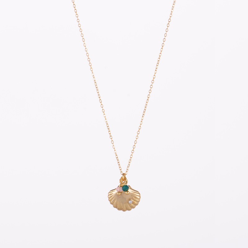 Scallop shell pendant and colorful glass drop necklace