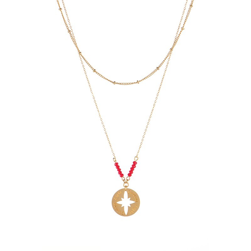 Gold plated compass medallion necklace with red bead bar each side
