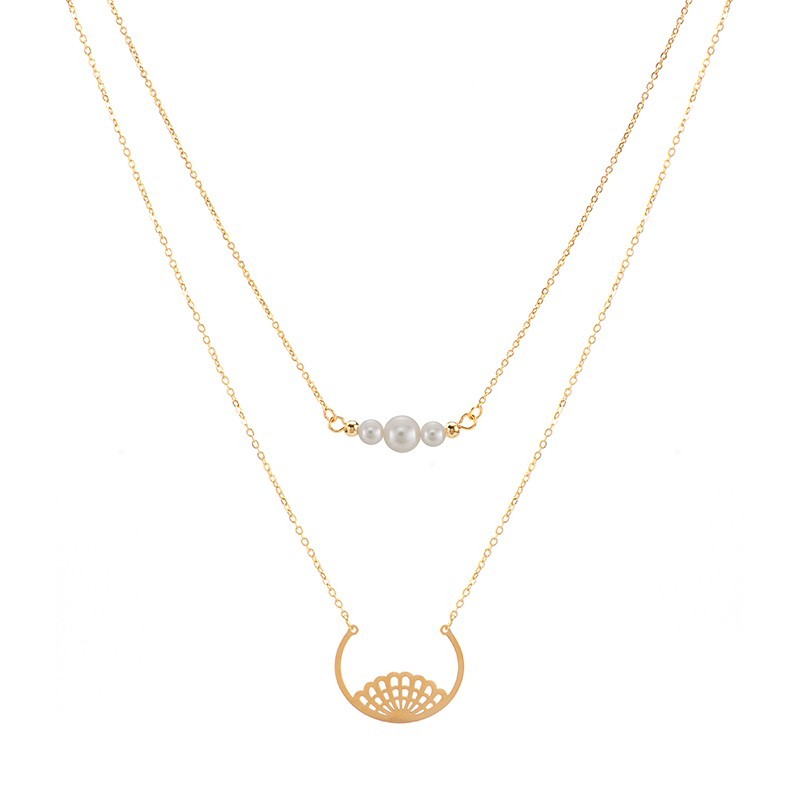 Geometric shell and tri pearls bar layered necklace
