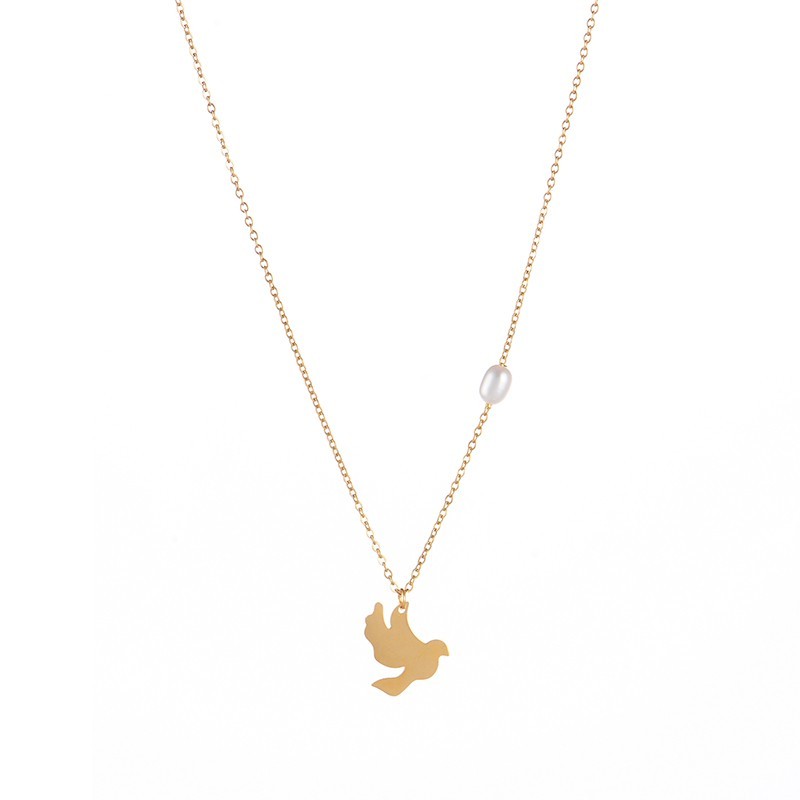 Gold plating stainless steel Dove pendant necklace with pearl station