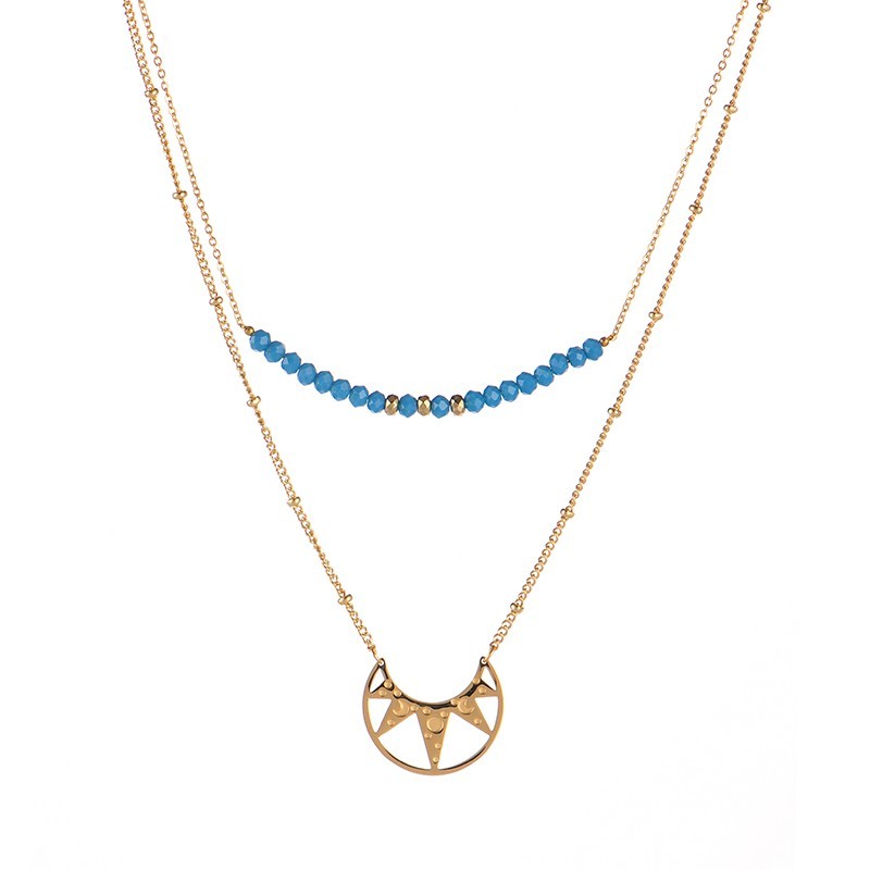 Mystery space pendant and blue bead bar layered necklace