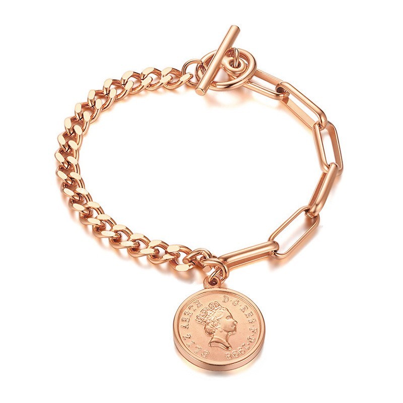 Rose gold plated chunky clip and curb chain toggle bracelet with coin B-802