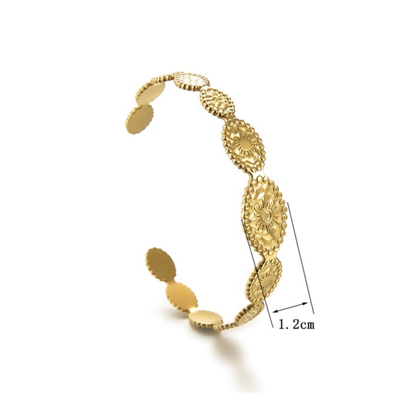 Bracelet Jonc Martelé et Cercle Gravé Soleil Acier Doré turquoise