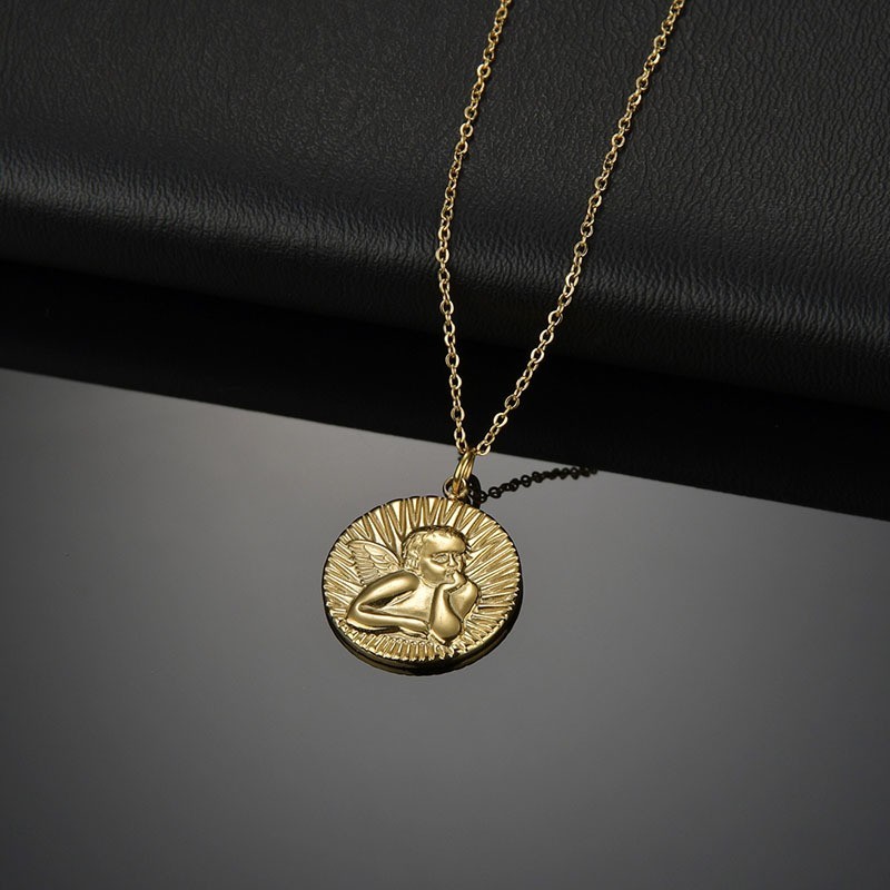 Angel baby medallion pendant necklace in stainless steel