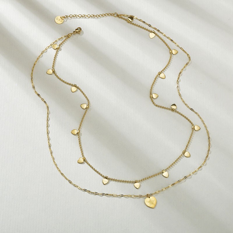 Multi love heart charm layered necklace in gold plating stainless steel