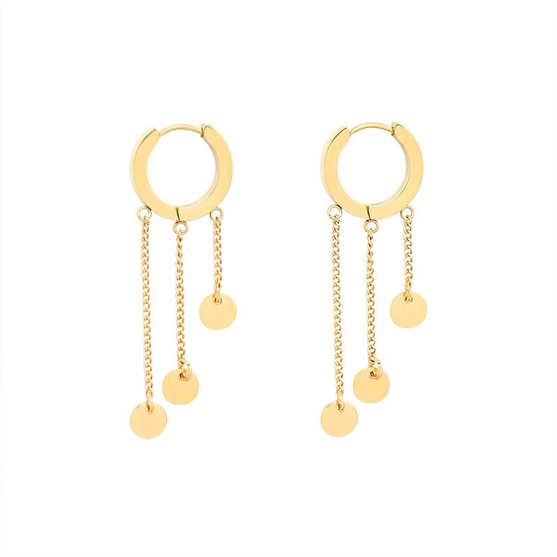 Disc with chain tassel huggie earrings in gold plating steel