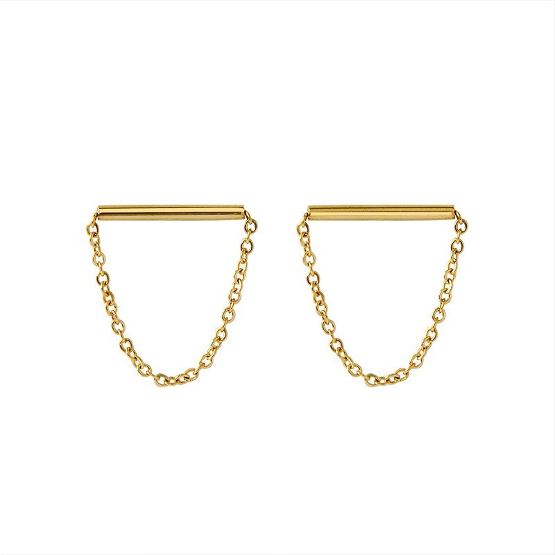 Horizontal bar with chain earrings in gold plating stainless steel