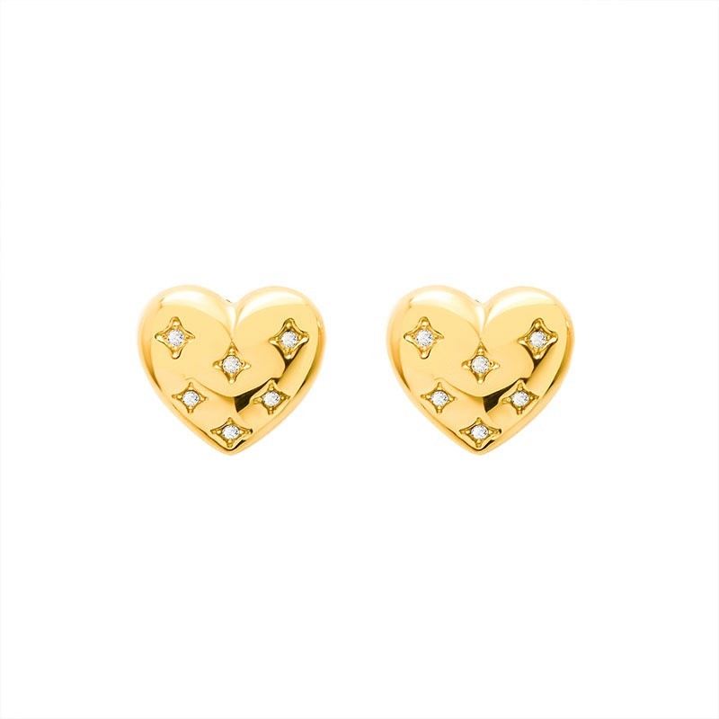Diamont inlayed heart stud earrings in gold plated stainless steel