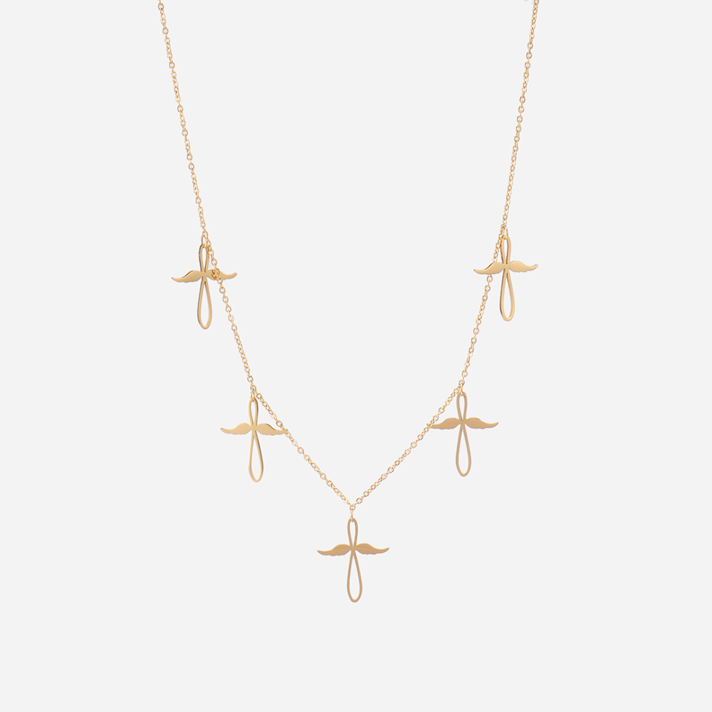 Angel wings cross charms necklace in PVD coated stainless steel