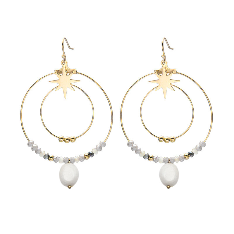 Handmade Beaded Natural Stone Double Circle STAINLESS STEEL EARRINGS / Boucle d'oreilles en acier inoxydable