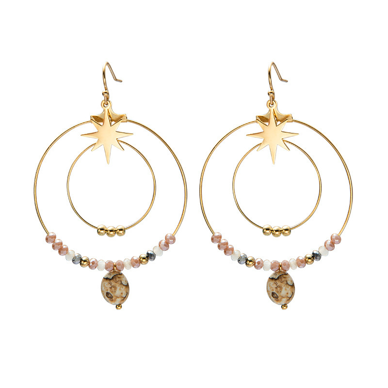 Handmade Beaded Natural Stone Double Circle STAINLESS STEEL EARRINGS / Boucle d'oreilles en acier inoxydable