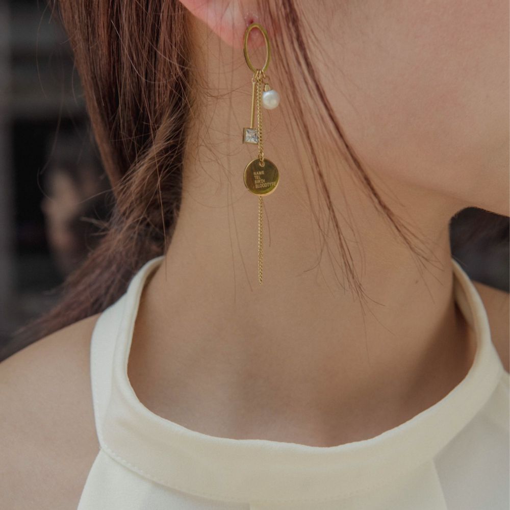 Pearl Zircon Round Chip Pendant STAINLESS STEEL EARRINGS with Chain / Boucle d'oreilles en acier inoxydable