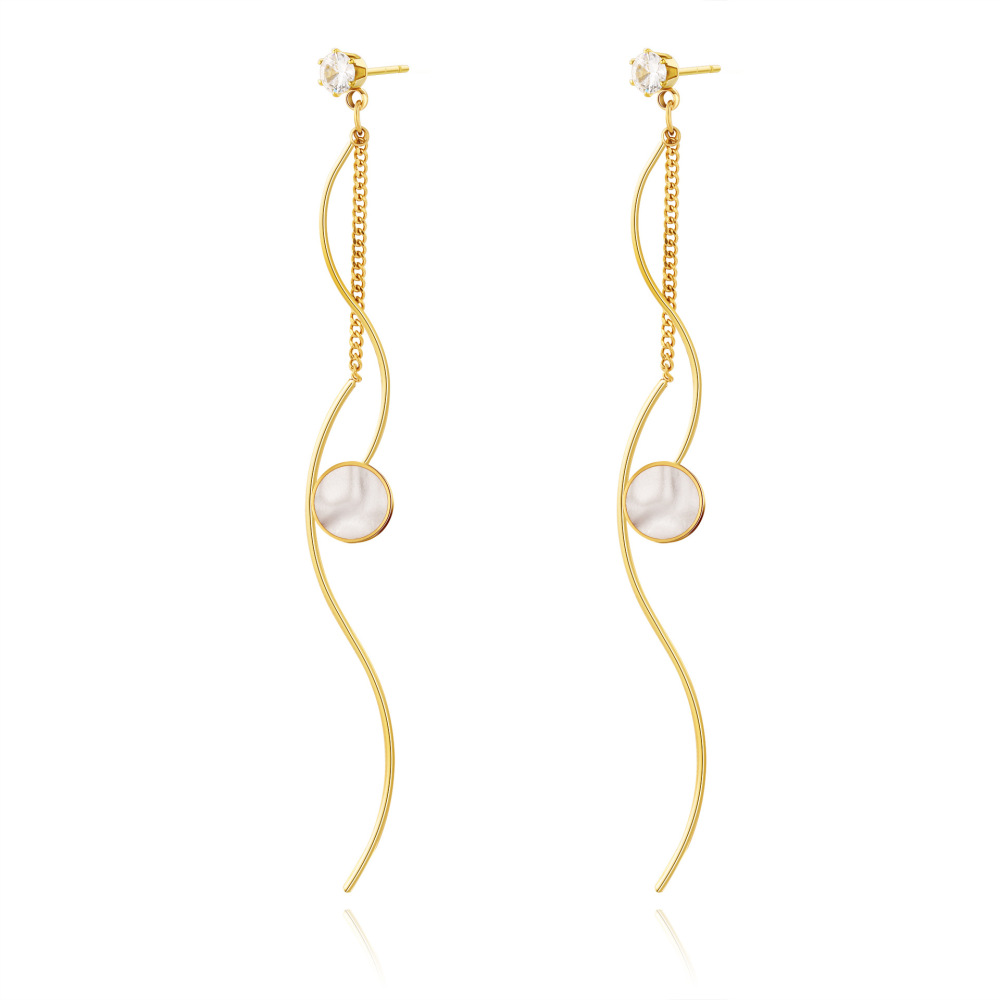 Wavy Line STAINLESS STEEL TASSELS EARRINGS inlayed with Mother of pearl and Rhinestone / Boucle d'oreilles en acier inoxydable