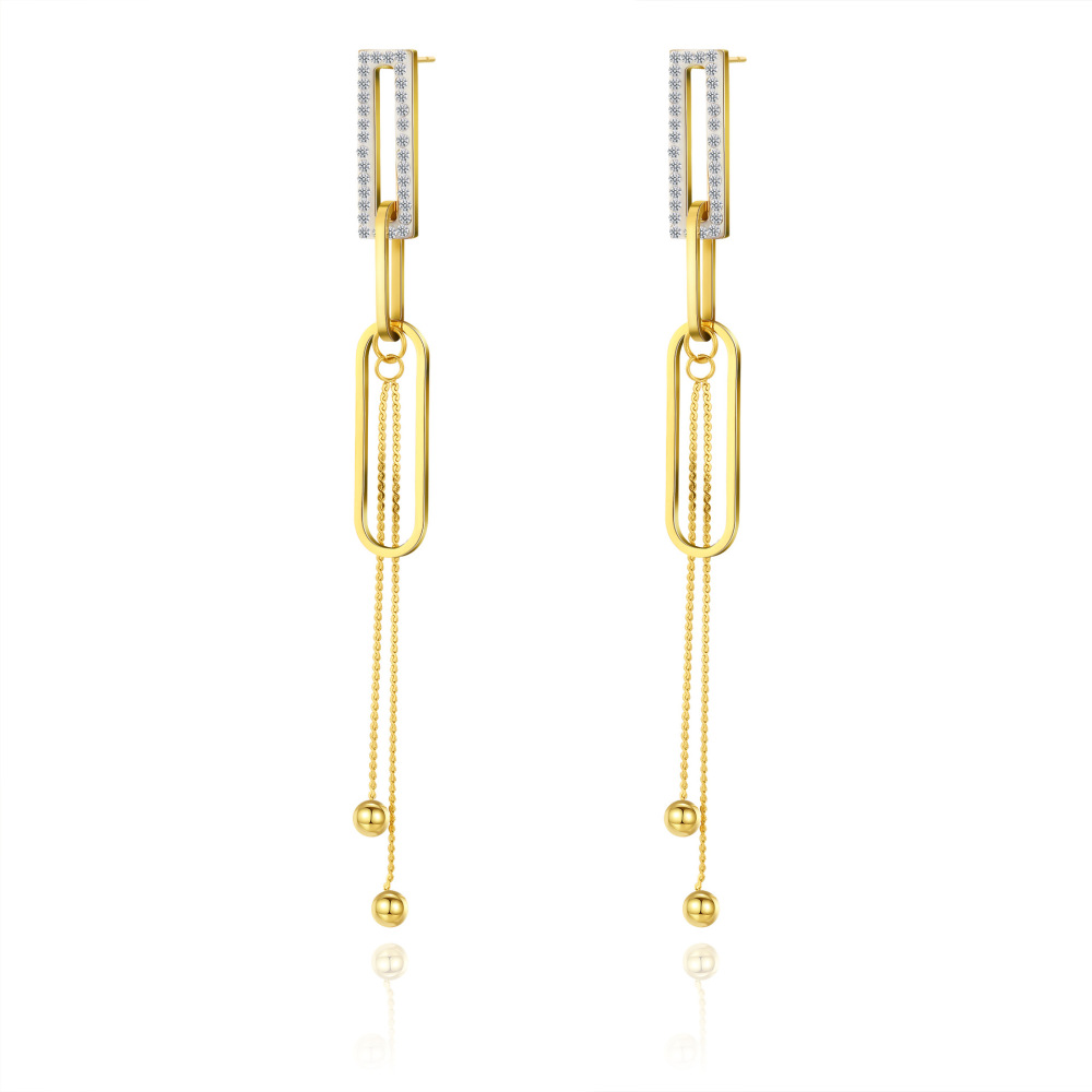 Elliptical Ring Gold Ball STAINLESS STEEL CHAIN TASSELS EARRINGS inlayed with Rhinestone / Boucle d'oreilles en acier inoxydable