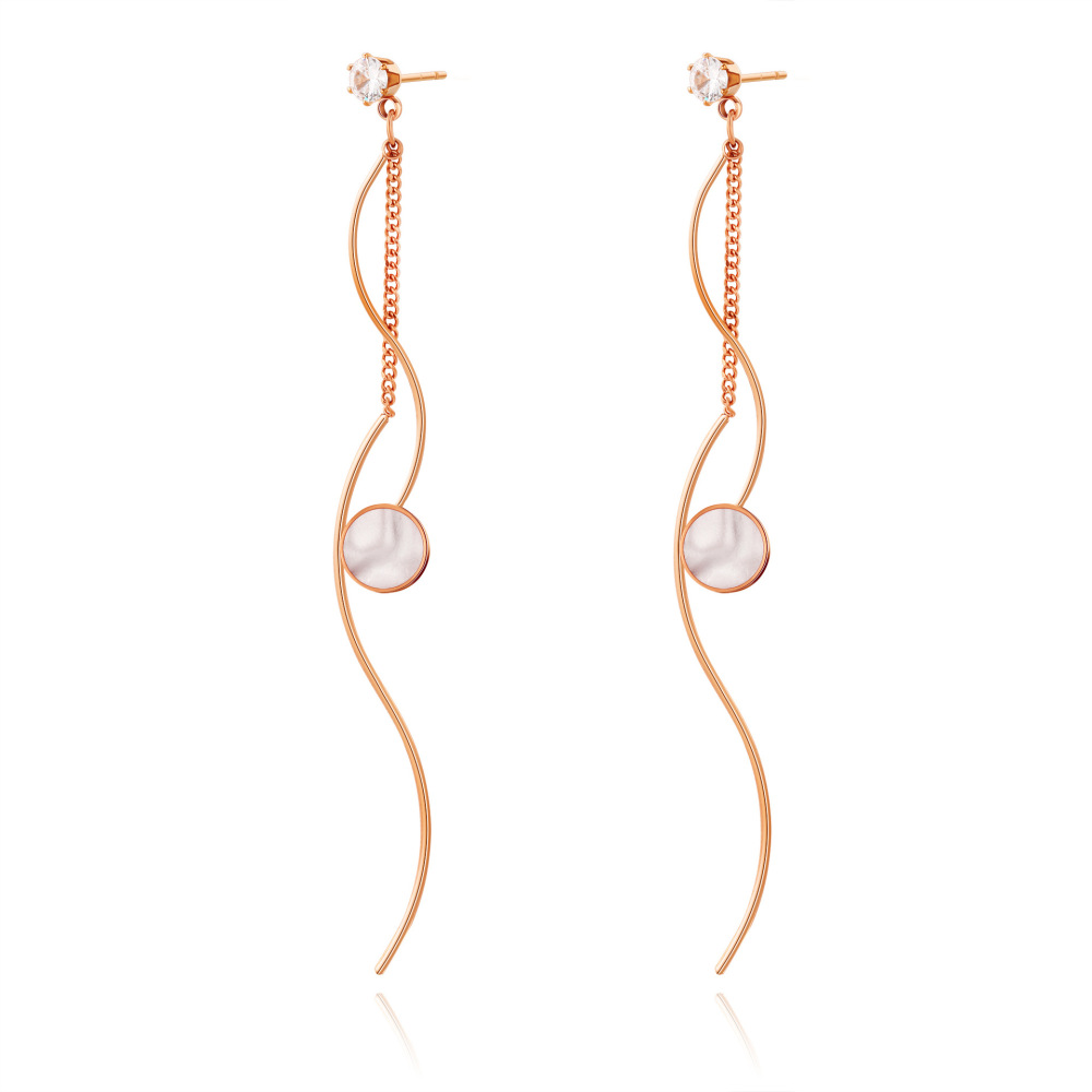 Wavy Line STAINLESS STEEL TASSELS EARRINGS inlayed with Mother of pearl and Rhinestone / Boucle d'oreilles en acier inoxydable