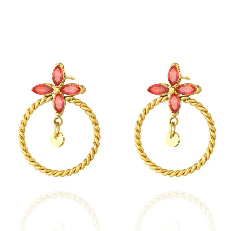 Four-Leaf Clover Hemp Wreath STAINLESS STEEL EARRINGS inlayed with Zircon / Boucle d'oreilles en acier inoxydable