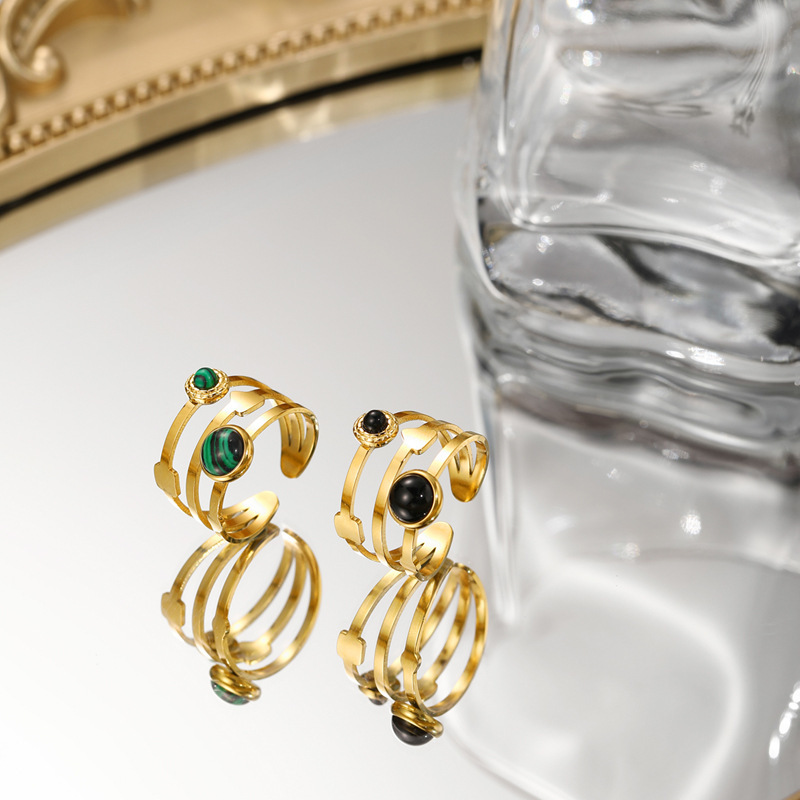 Unique One Large and One Small Natural Stone STAINLESS STEEL OPEN RINGS / Bague en acier inoxydable