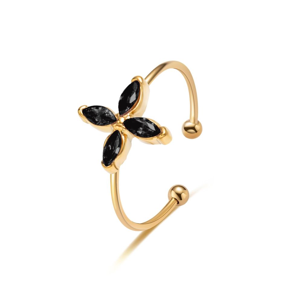 Lucky Four-Leaf Clovers Zircon STAINLESS STEEL OPEN RINGS / Bague en acier inoxydable