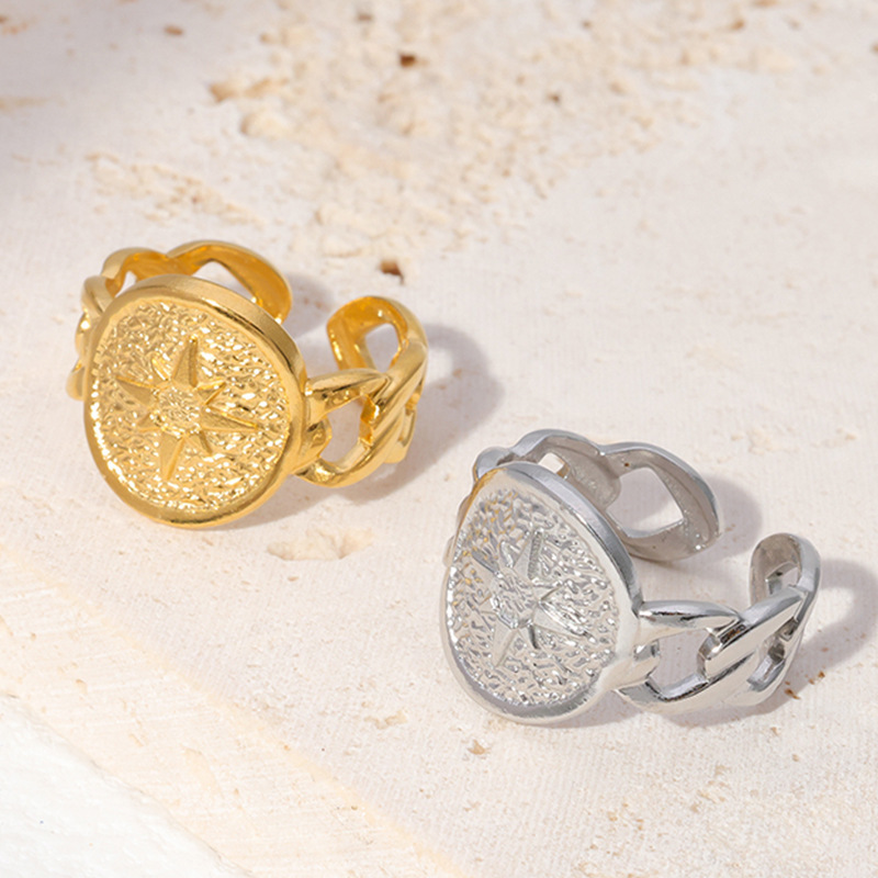 Vintage Stainless Steel Chain Star Round Opening Ring / Bague ouverte en acier inoxydable