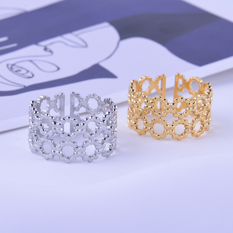 Stainless Steel Hollow Net Adjustable Cuff Ring / Bague réglable en acier inoxydable