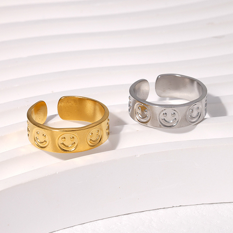 Simple Stainless Steel Smiley Polishing Open Gold Ring