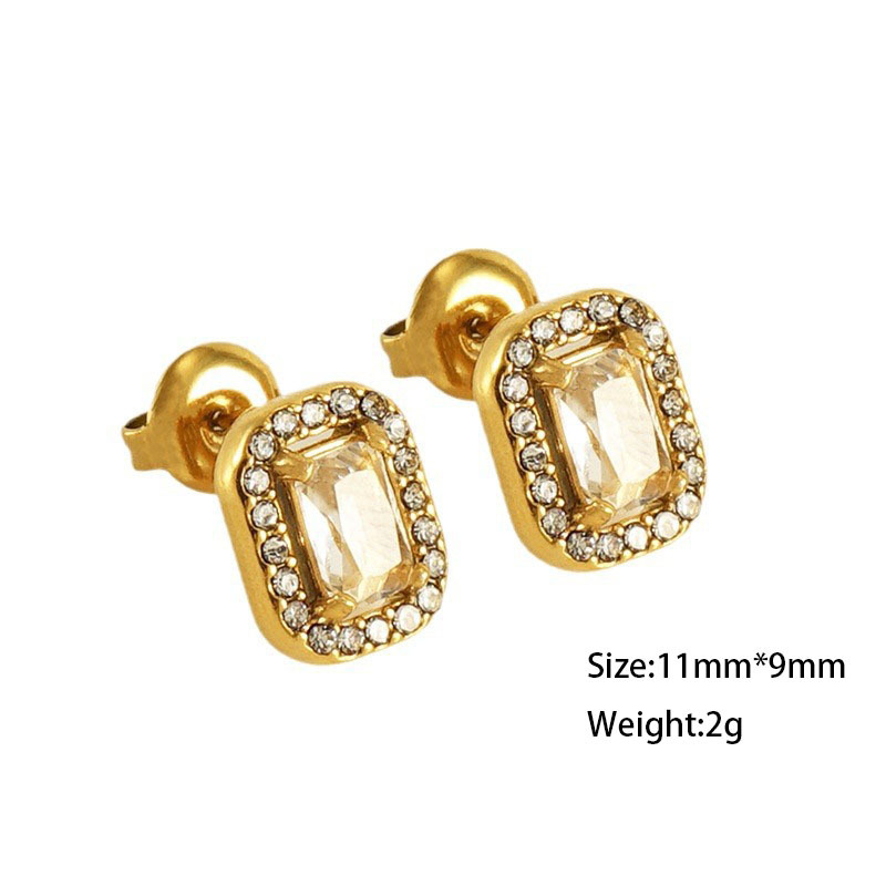 Gold Plated Stainless Steel Cubic Zirconia Square Stud Earrings