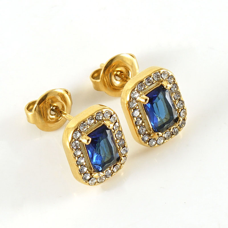 Gold Plated Stainless Steel Cubic Zirconia Square Stud Earrings
