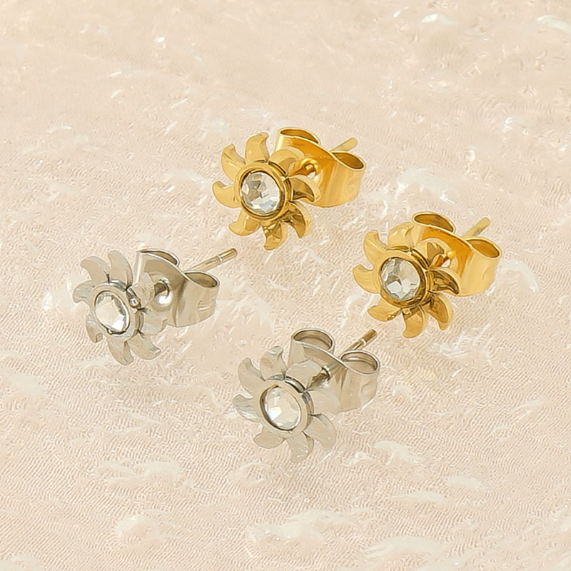 Sunflower Inlay Rhinestone Stainless Steel Stud Earrings
