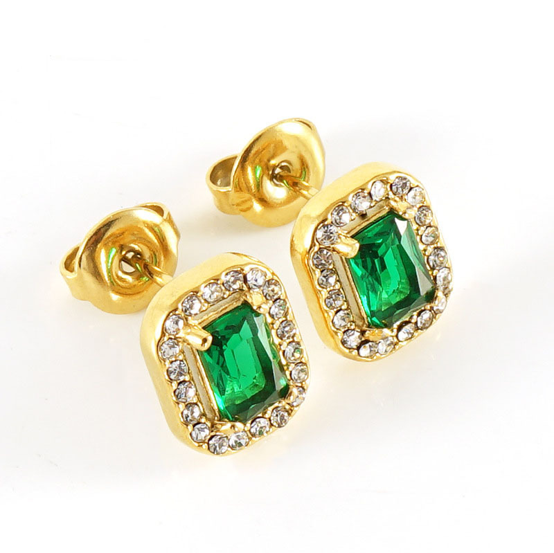 Gold Plated Stainless Steel Cubic Zirconia Square Stud Earrings