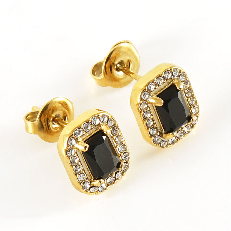 Gold Plated Stainless Steel Cubic Zirconia Square Stud Earrings