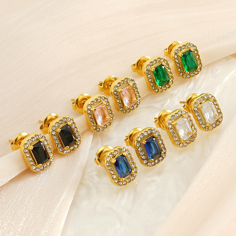 Gold Plated Stainless Steel Cubic Zirconia Square Stud Earrings