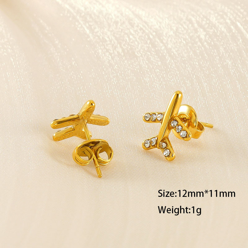 Creative Airplane Stainless Steel with Rhinestones Stud Earrings