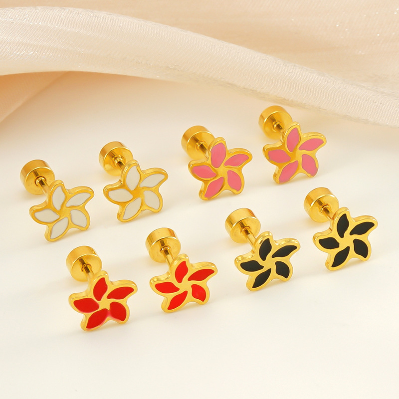 Windmill Flower Colors Enamel Stainless Steel Stud Earrings