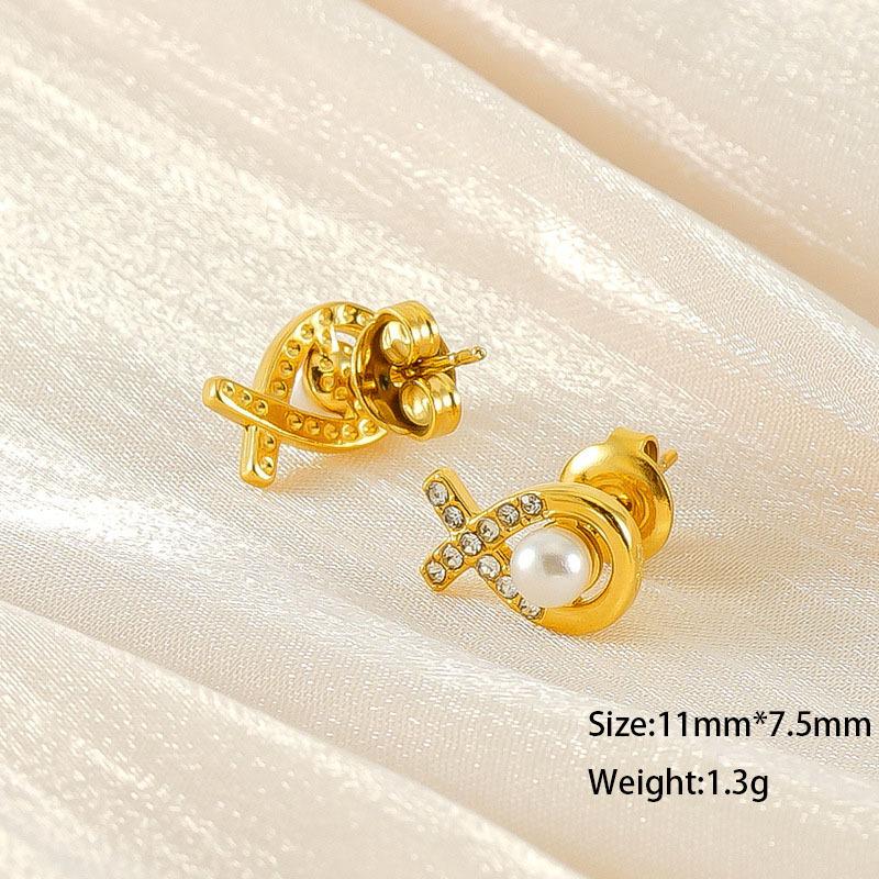 Pearl Cross Stainless Steel Stud Earrings