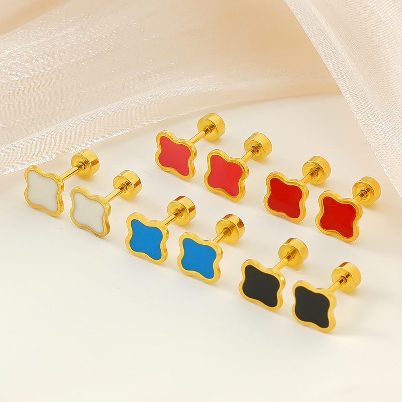 Lovely Enamel Clover Stainless Steel Stud Earrings