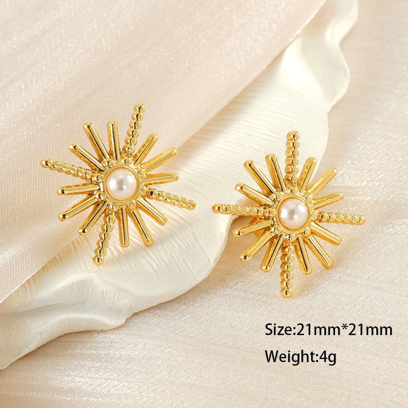 Frence Style Sunray Stainless Steel Stud Earrings Inlay with pearl