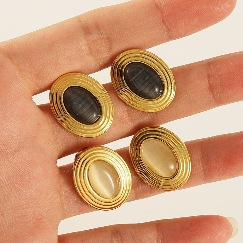 Retro Oval Stainless Steel Stud Earrings with Natural Stones