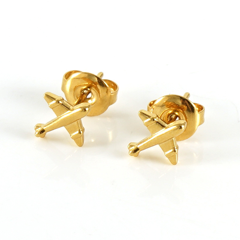 Mini 18K Gold Plated Airplane Stainless Steel Stud Earrings