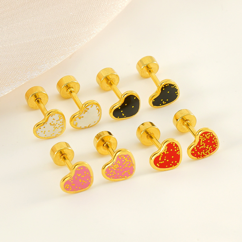 Lovely Polka Dot Cordate Stainless Steel Colors Enamel Stud Earrings