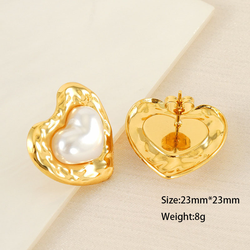 Vintage Heart-Shape Pearl Texture Stainless Steel Stud Earrings